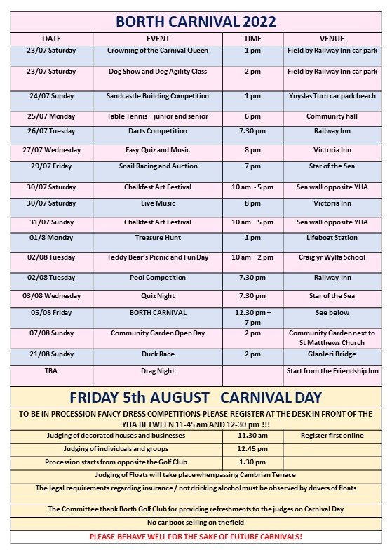 Borth Carnival Events July Aug 2022
